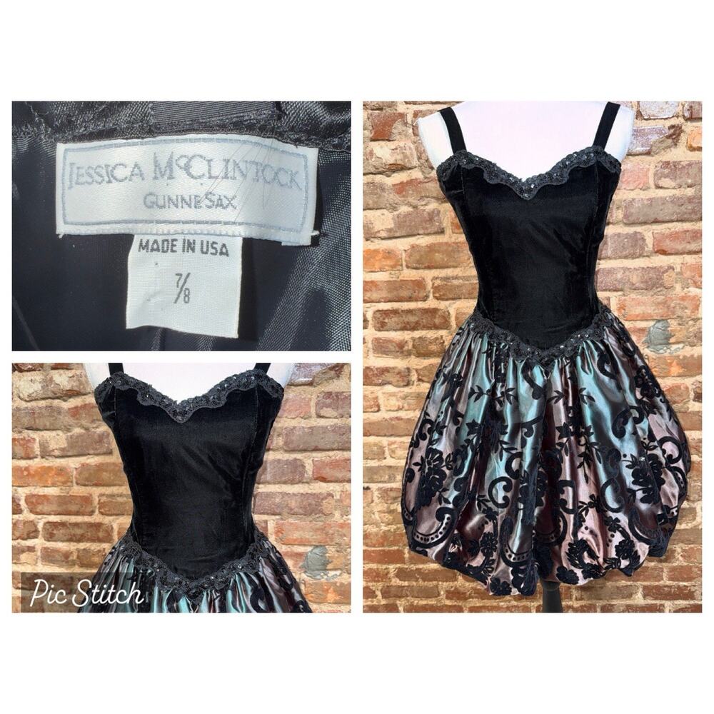 Jessica McClintock Gunne Sax Black Velvet Iridescent Balloon Hem Dress Sz 7/8